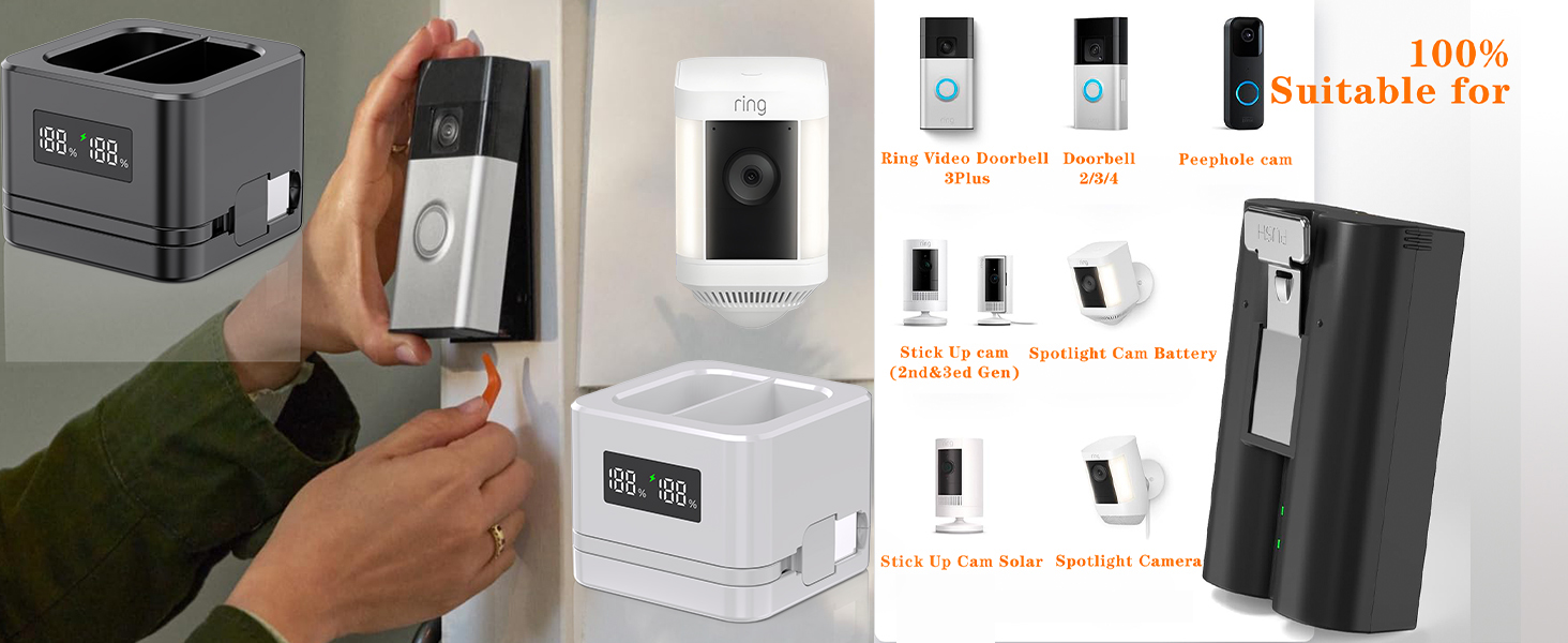 Зарядний пристрій для акумуляторів Ring (3 шт., 3.65V, 6040mAh) з LED-дисплеєм та Type-C кабелем, сумісний з Ring 2/3/4/Plus/Spotlight/Stick Up Cam
