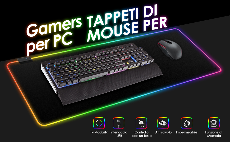 Ігровий килимок для миші RGB XXL 800x300мм, вологостійкий антиковзаючий підкладник з 7 кольорами та 14 режимами підсвічування для геймерів та ПК, чорний