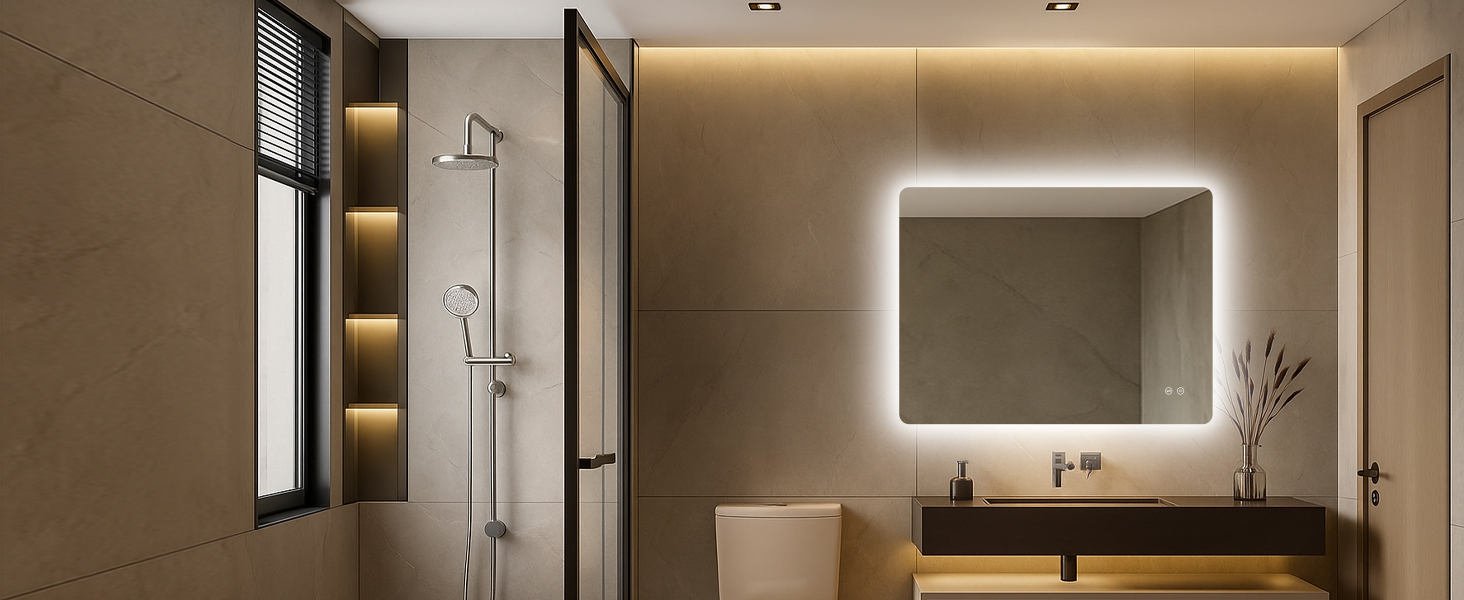 Дзеркало для ванної кімнати з підсвічуванням 50x70 см, LED, проти запотівання, 3 кольори світла, регулювання яскравості, прямокутна форма, сенсорне управління, функція пам'яті, монтаж горизонтально/вертикально (без рами, 3 кольори світла, регулювання яскравості)