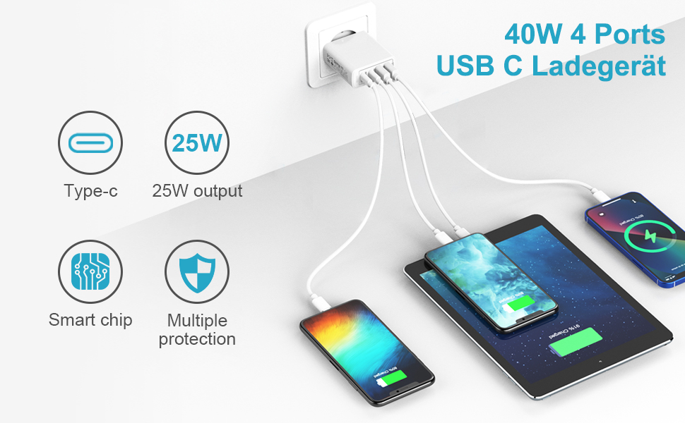 Мережевий зарядний пристрій USB-C 40W з 4 портами PD та QC3.0, для iPhone 15/14/13/12/11, Samsung S24/S23/S22