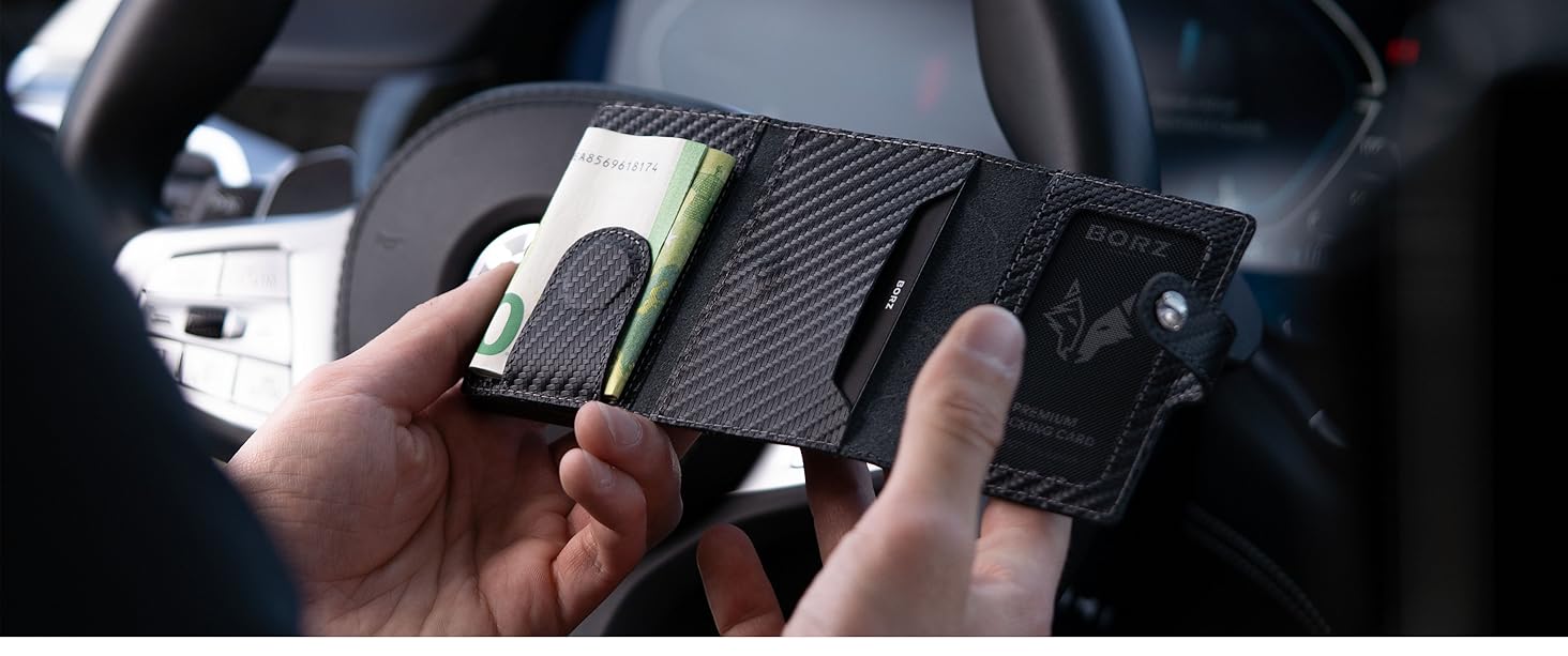 Крутий чохол-картхолдер BORZ Prime для AirTag з відділенням для монет, цифровою візитною карткою, захистом RFID, карбоном та червоною строчкою. Slim, шкіряний, з червоною строчкою.