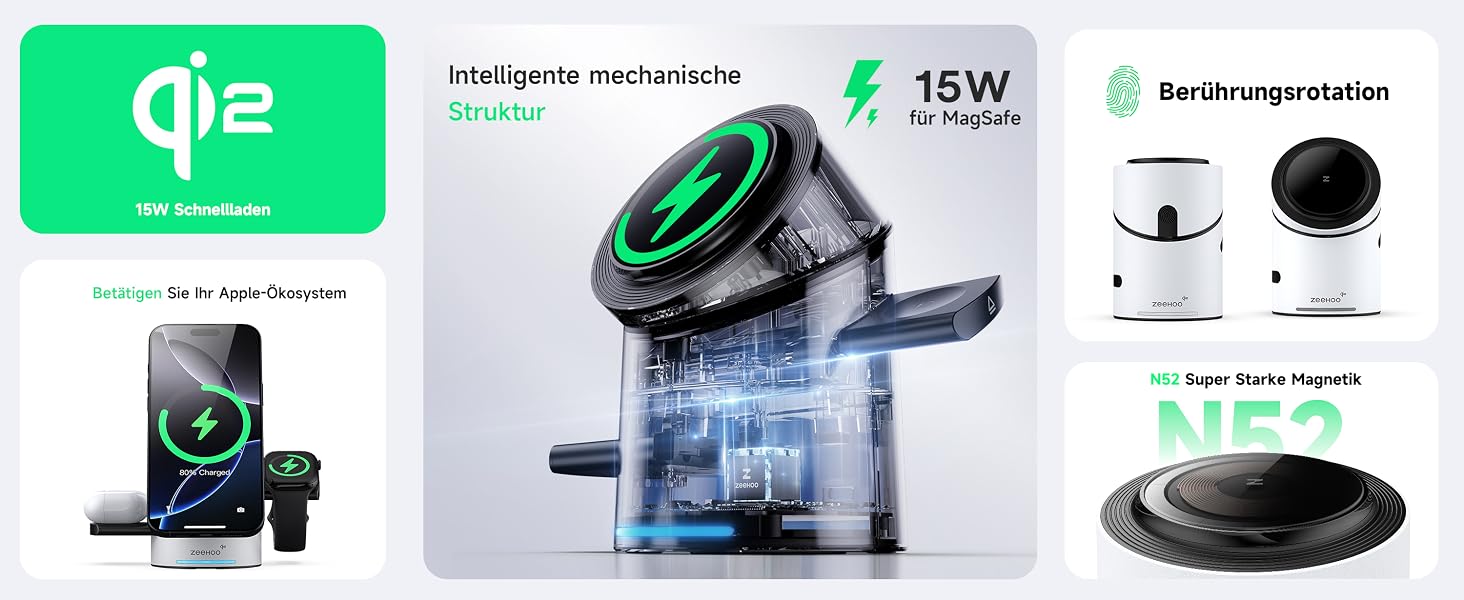 Зарядний пристрій 3-в-1 ZEEHOO MagSafe для Apple: QI2 бездротова зарядка 15W для Apple Watch, iPhone, AirPods (з адаптером 30W) - Білий