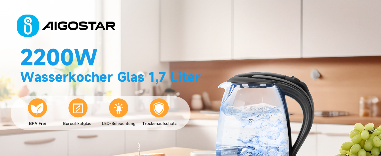 Електричний чайник Aigostar Adam 2 шт., 1.7 л, 2200 Вт, зі скляною колбою, LED-підсвічуванням, без BPA, з фільтром від накипу, чорний