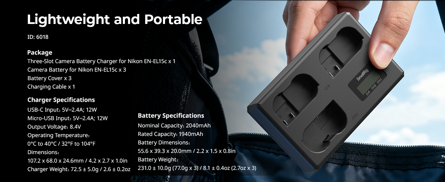 Акумуляторний набір SMALLRIG EN-EL15c для Nikon: 3x1940mAh + LCD-зарядка (Z8, Z7II, Z6III, Zf, D850, D780)