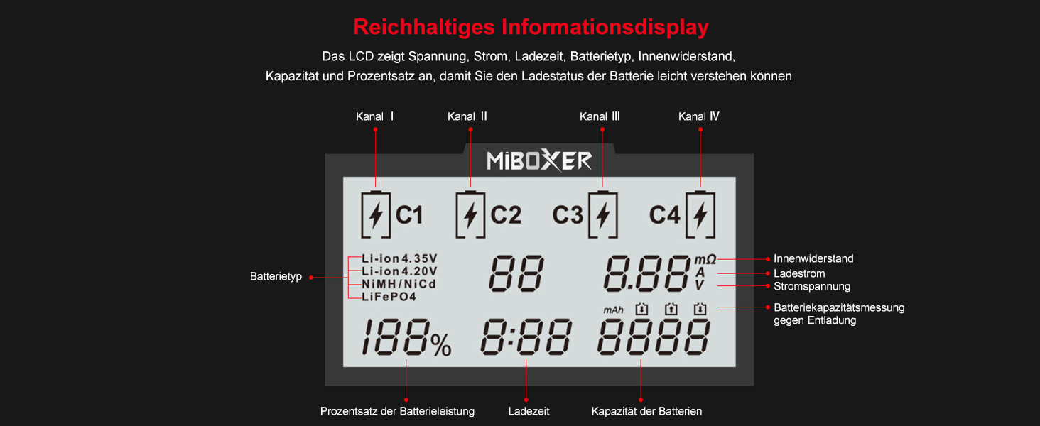 Зарядний пристрій для акумуляторів 18650 з 4 слотами, LCD-дисплеєм, для Li-Ion, LiFePO4, NI-MH, NI-Cd, AA, AAA, C, 18350, 18500, 18700, 20700, 21700, 26650, RCR123