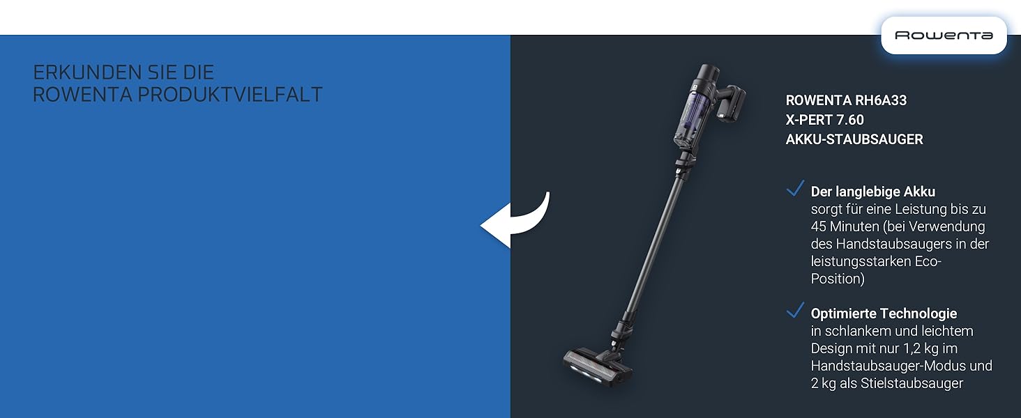 Rowenta X-Pert 6.60 акумуляторний пилосос: потужність 100W, 45 хв роботи, бездротовий, без мішка, LED-насадка, легкий, 0,55 л контейнер для сміття, насадка для щілин та кріплення на стіну, чорний/темно-сірий, RH6831EO