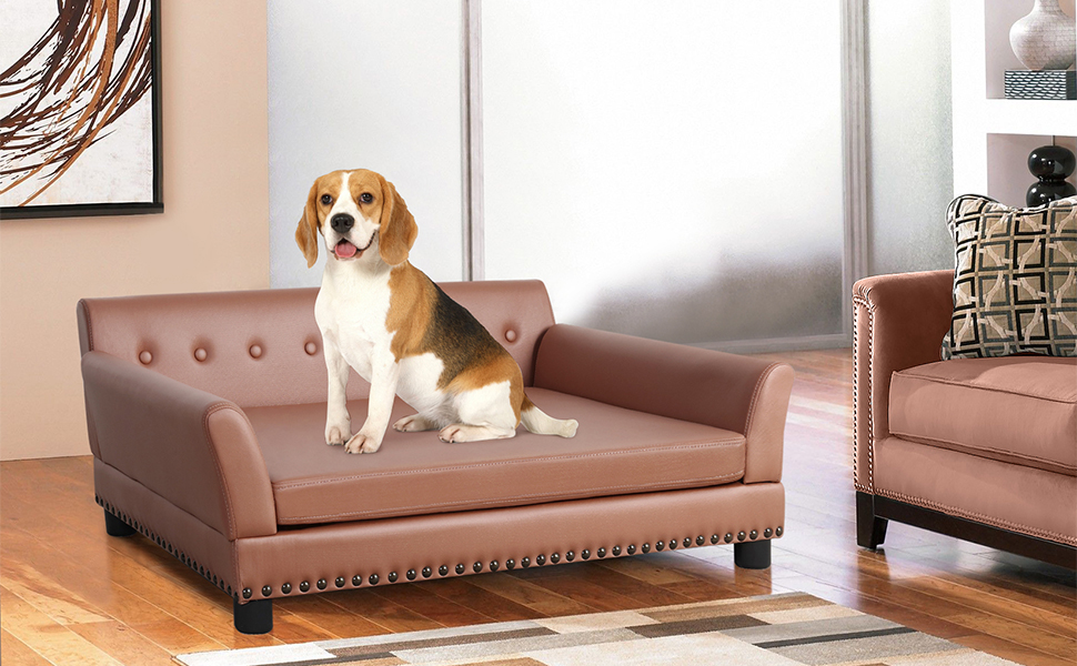 Софа для собак BingoPaw Luxus: велика ортопедична лежанка для собак XL з дихаючого водонепроникного шкірозамінника, сучасна лежанка для тварин з підголівником та дерев'яними ніжками, 120x74x40 см (колір: коричневий)