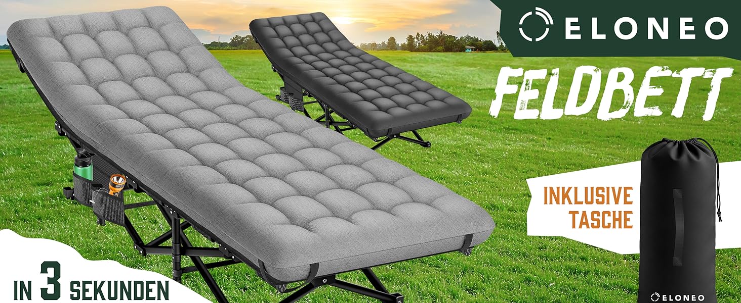 Ліжко кемпінгове розкладне ELONEO NEU Преміум сіре до 200 кг з сумкою для транспортування та бічними кишенями