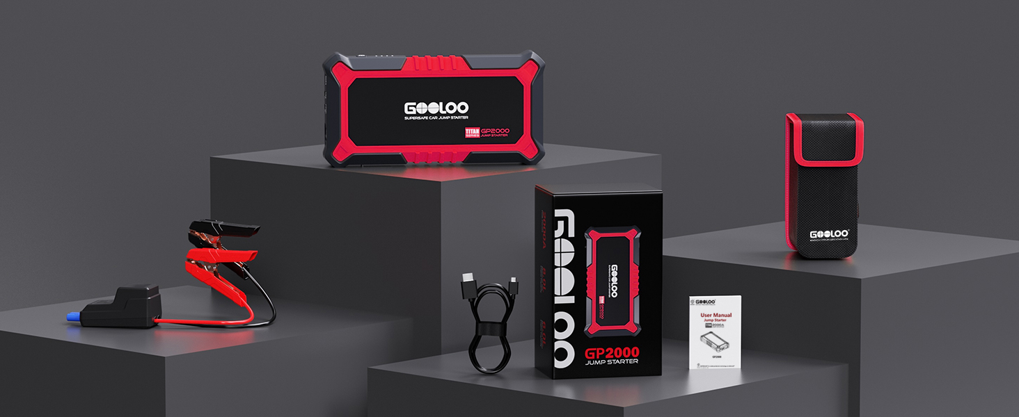 Powerbank Starthilfe GOOLOO GP2000 для автомобіля: 2000A, 12V, до 8.0L бензин/6.0L дизель, USB-швидка зарядка, LED, кабель для пуску