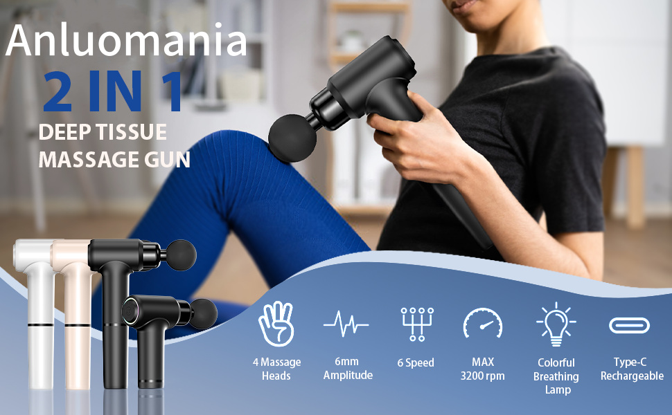 Масажер для тіла Anluomania - пістолет для масажу з 4 насадками, 6 швидкостей, USB-C, чорний