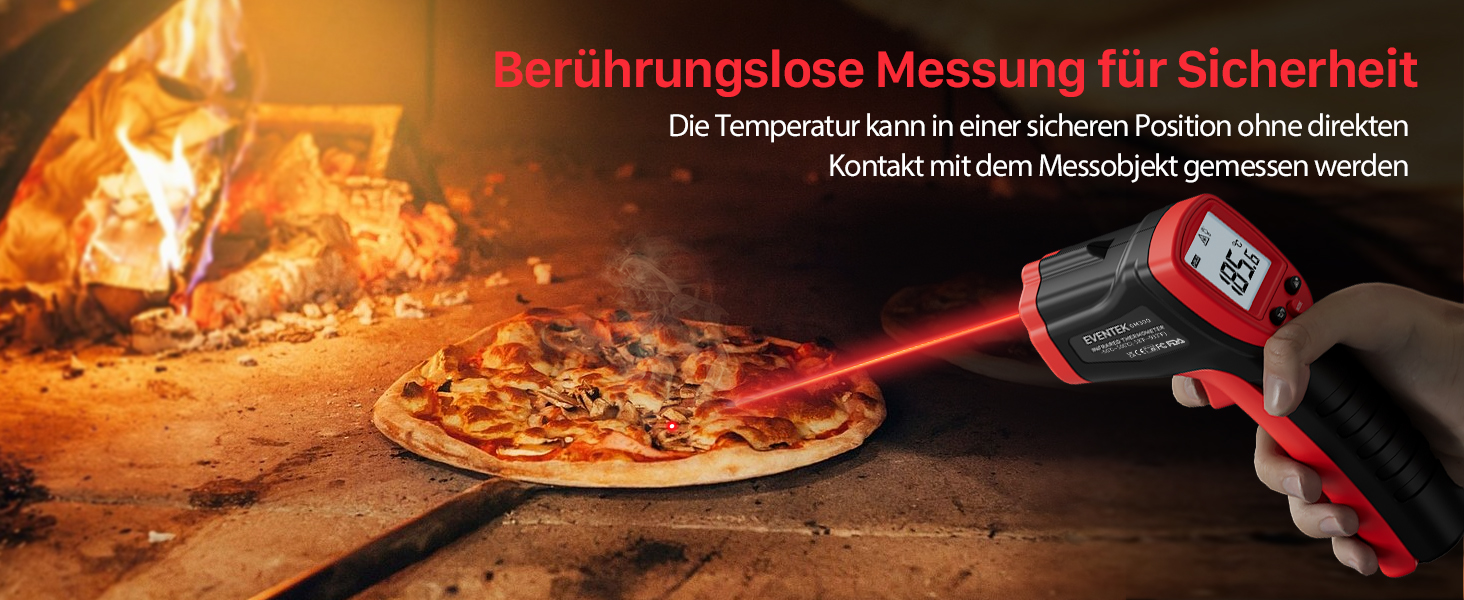 Інфрачервоний термометр Eventek -50°C до 600°C з лазером та LCD дисплеєм. Безконтактний термометр для піци, гриля, кухні та промисловості. Регульований коефіцієнт випромінювання (Не для людей). Червоний, діапазон -50°C ~ 500°C