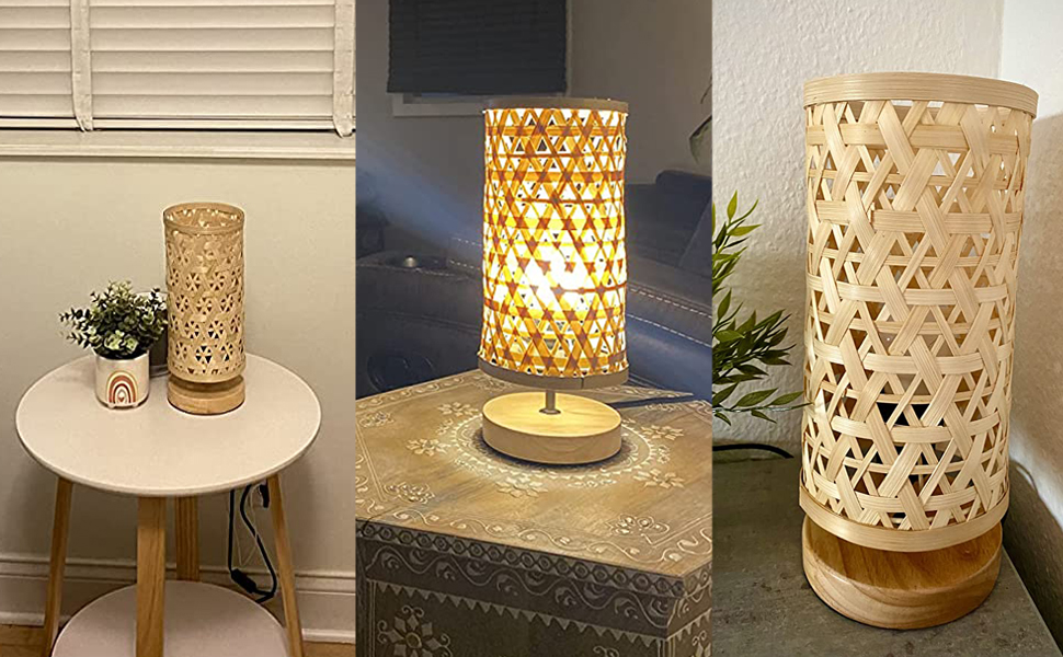 Сучасна LED лампа Depuley на стіл, бамбук та дерево, круглі, з абажуром з ротангу, 60 Вт, патрон E27, нічник, лампа для читання, для спальні, дитячої кімнати, з лампою (Rund-2)