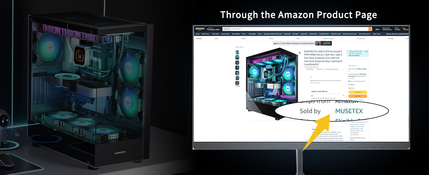 Корпус ПК MUSETEX K2: ATX Mid Tower з 7 PWM ARGB-вентиляторами, подвійне панорамне скло, Type-C, чорний (42.1 x 23 x 47 см)