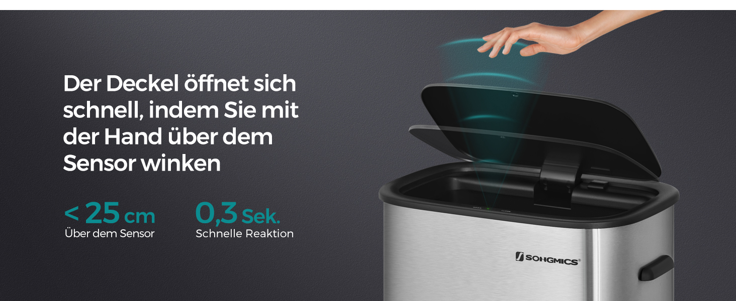 Відро для сміття SONGMICS з датчиком 50л, з м'яким закриттям, з нержавіючої сталі, з кільцем для пакетів, срібне (LTB610E50)