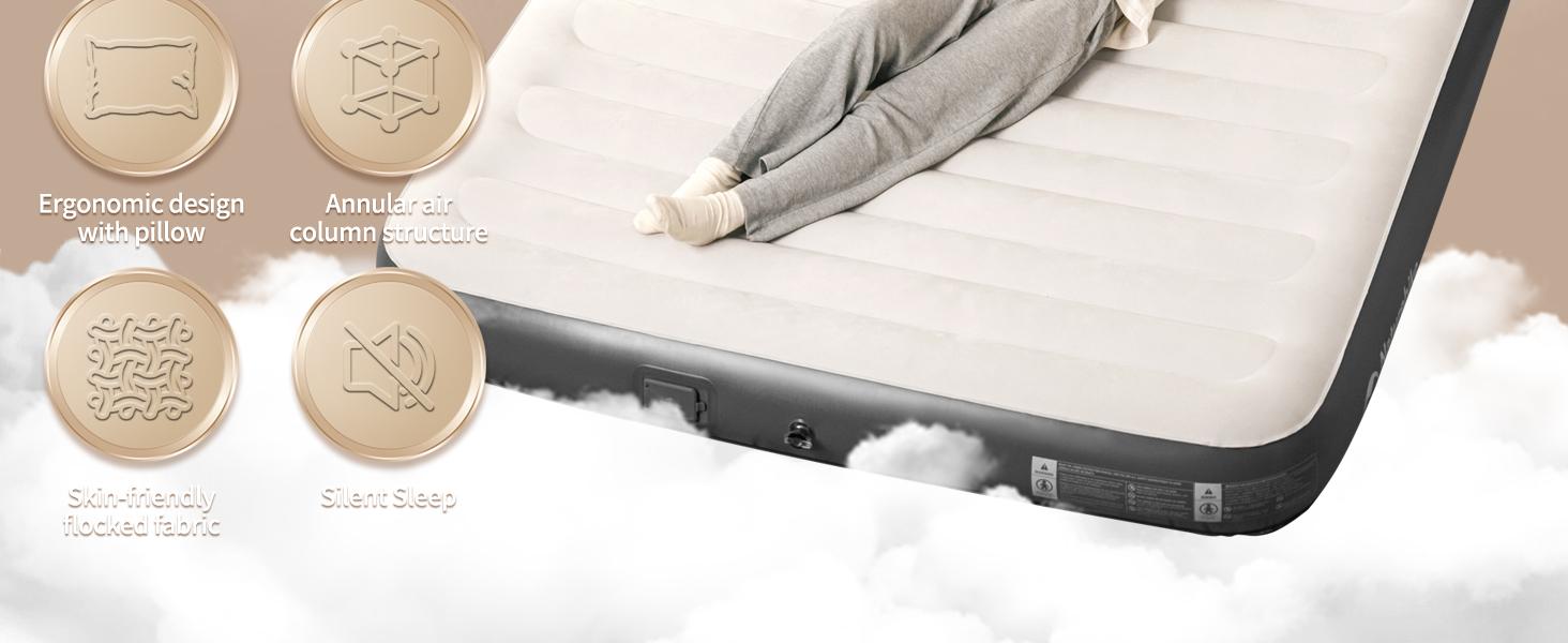 Надувний матрац Naturehike 2 персони з електричним насосом, 200x150x25 см. Самостійно надувний, преміум-якість, для кемпінгу та дому. Колір: сірий з подушками (3 персони)