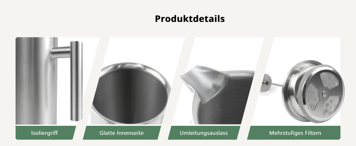 Френч-прес для кави 1L з нержавіючої сталі, термоізольований, з подвійними стінками та 5 фільтрами
