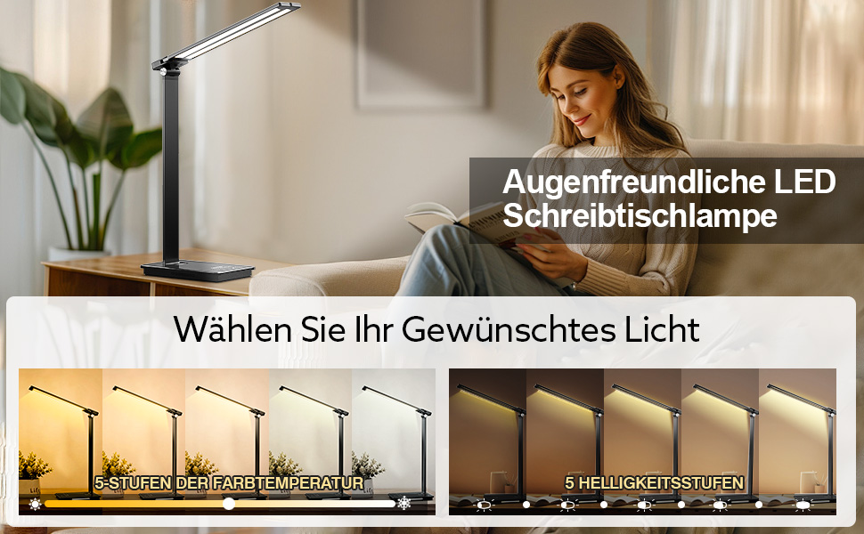 LED лампа настільна LENDOO з двома головками, регульована яскравість 700 люмен, 5 рівнів регулювання, 5 колірних режимів, USB-порт для зарядки та вбудований акумулятор 2000mAh, для дітей, спальні, читання, чорна