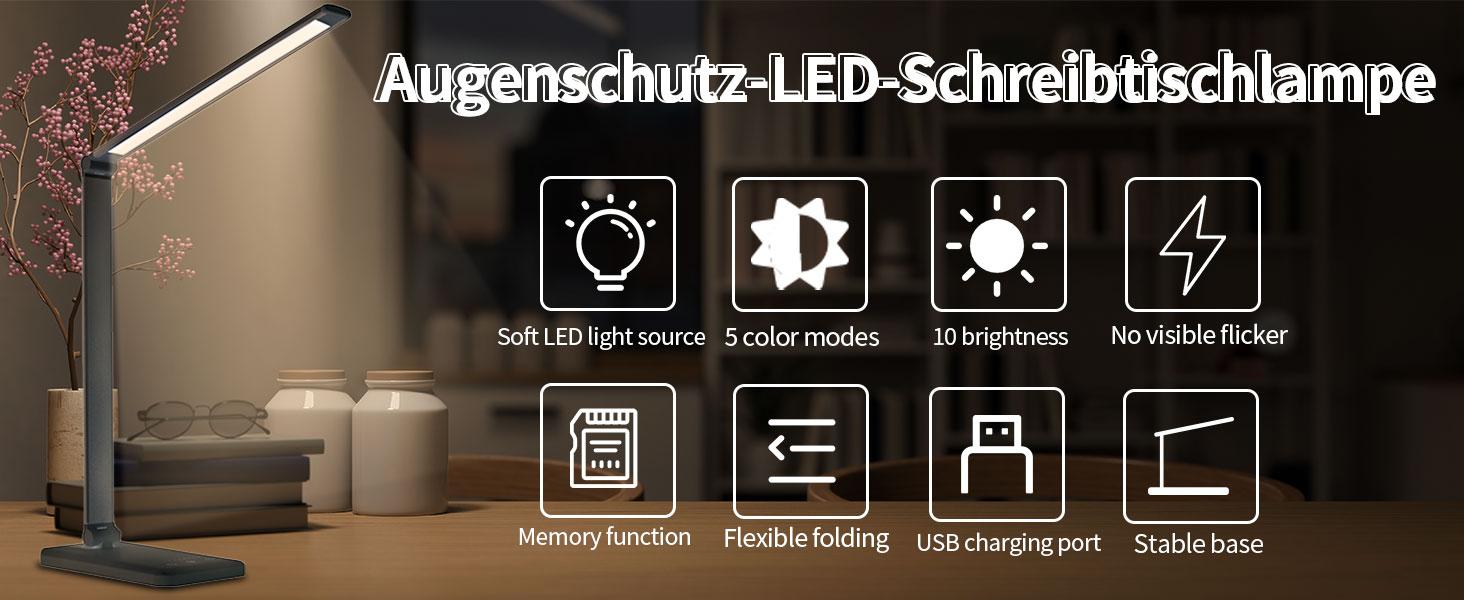 LED лампа настільна LQWELL® з регулюванням яскравості, металева, 5 кольорів, 10 рівнів яскравості, USB-зарядка, сенсорне управління, пам'ять, для дітей, чорна, QM019
