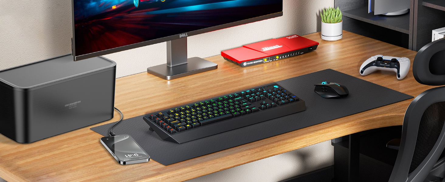 Многорозеткова смуга з кабельною коробкою, захист від перенапруги, 5 розеток, 3 USB, органайзер для столу, 29.5 x 14 x 14 см, кабель 2 м (5 м, чорний)