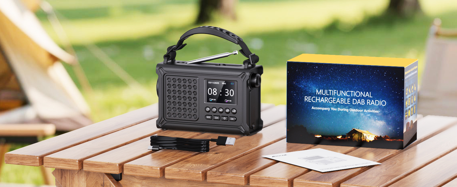 ROCAM Радіоприймач на ручку DAB+/UKW, портативне аварійне радіо з сонячною панеллю 8500 мм² та ручкою 650 мА, цифрове радіо з Bluetooth, 2.4' кольоровий дисплей, 80 станцій, SOS, LED ліхтарик, USB, IPX6 для кемпінгу, чорний