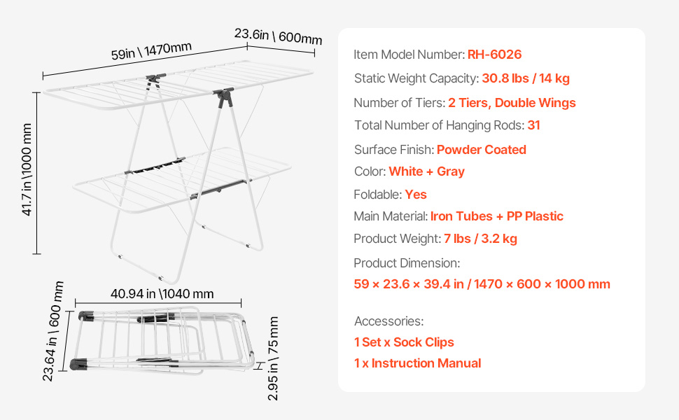Сушарка для білизни VEVOR 2-ярусна розкладна з прищіпками та 31 вішалкою, регульована по висоті, металева, для ванної, балкону, 1470 x 600 x 1000 мм