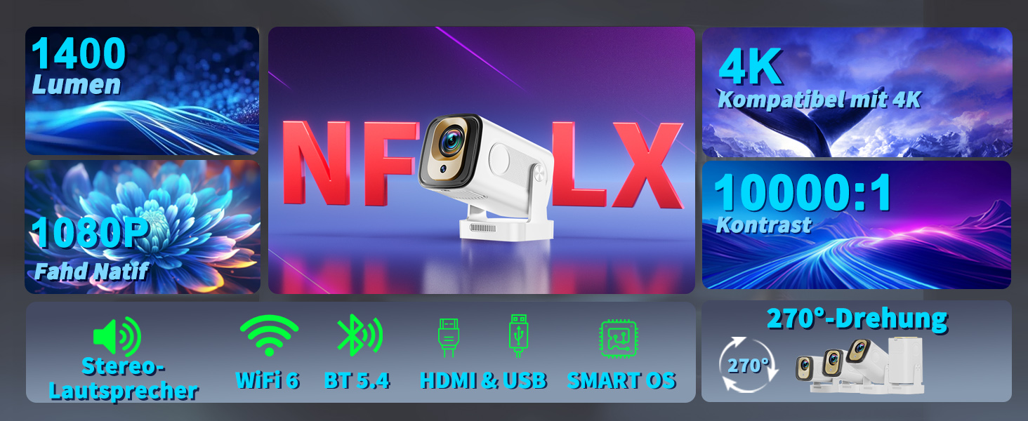 4K проєктор Beamer Full HD 1080P Android: портативний міні-проєктор з WiFi 6, Bluetooth 5.2, 270° обертанням, підтримкою PC/HDMI/USB, з пультом та мишкою, білий