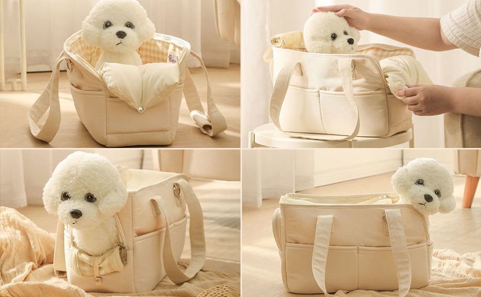 Транспортна сумка Dokeno для собак та котів до 8 кг, складана переноска для подорожей та авто, дихаюча переноска для домашніх тварин з ручками (Бежевий, 41x19x31 см)