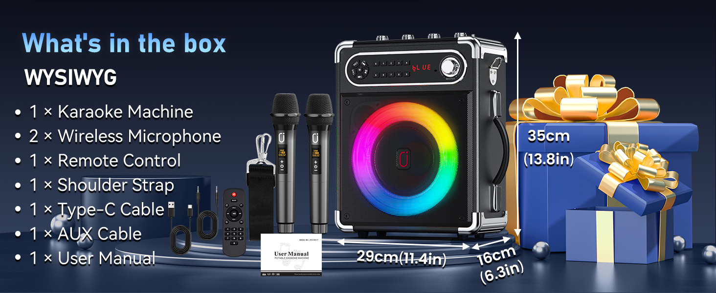 Караоке-машина JYX з 2 UHF-мікрофонами, Bluetooth-колонка з регулюванням басів/високих частот, пульт дистанційного керування та LED-підсвічуванням, підтримка TF-карт/USB, AUX IN, FM, REC, чорний колір