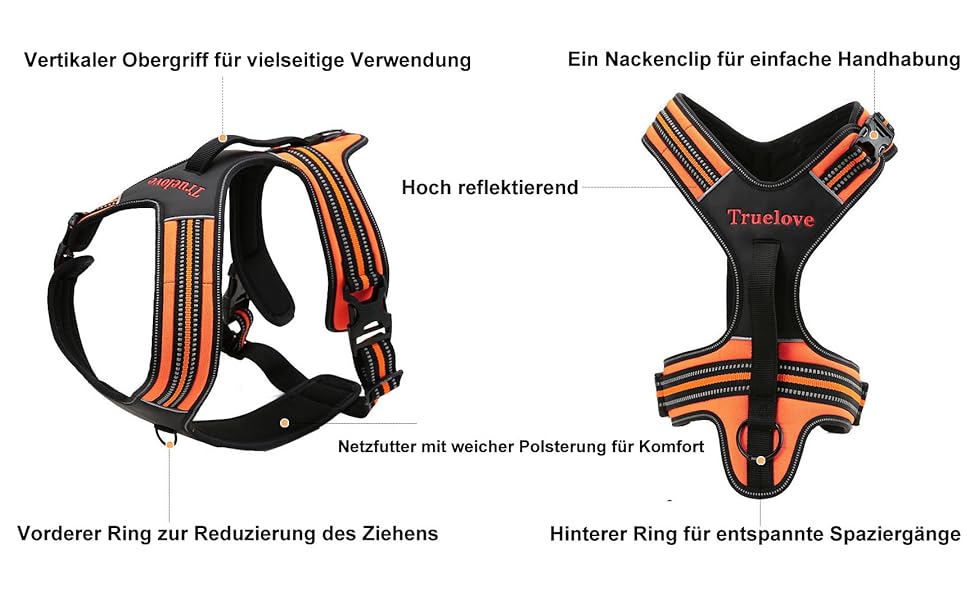 Шлейка для собак Truelove TLH5551 з ручкою, м'яка, з відбиваючим матеріалом, XS, помаранчевий