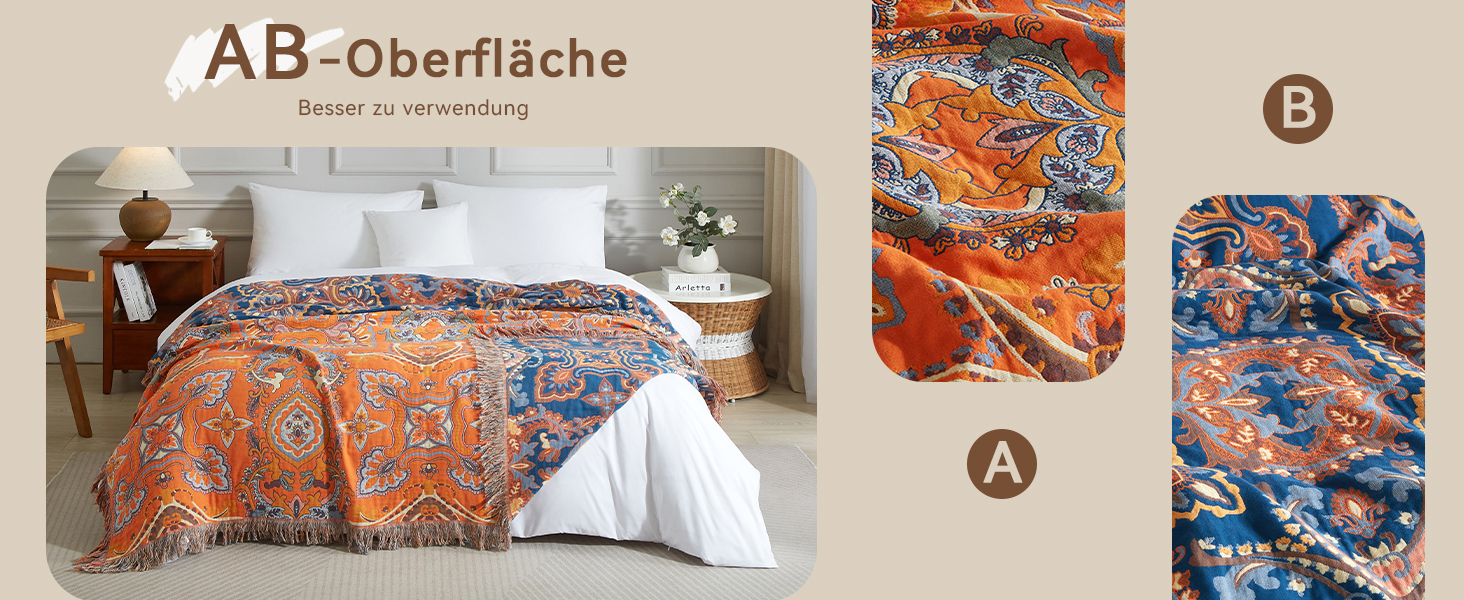 Богемна ковдра Boho Decke 100% бавовна – двостороння муслінова ковдра 150x200 см, м'яка софа/ковдра та покривало для ліжка, естетичний дизайн, ідеально для вітальні та спальні, помаранчево/блакитний колір, зірковий сон 150 x 200 см
