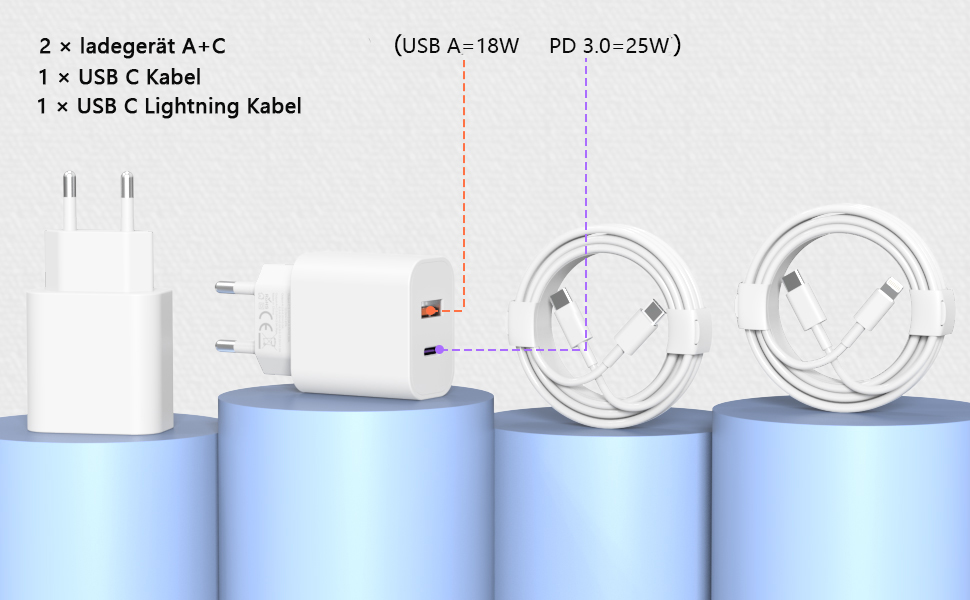 Двопортовий зарядний пристрій USB C 25W з адаптером [2 в 1] 2 шт. для iPhone/iPad/навушників/телефонів. Мережевий адаптер, багатопортовий, PD 3.0, швидка зарядка, білий. Без кабелю.