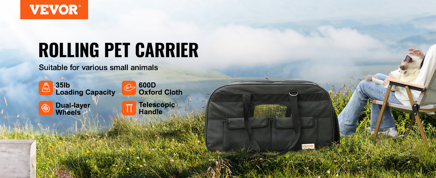 Тролей для собак VEVOR, 15.8 кг, чорний: зручний рюкзак-переноска для тварин з 4 колесами та кишенями для аксесуарів. Ідеально для подорожей та прогулянок.