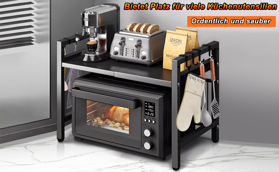 Розширювана полка для мікрохвильової печі, 2 яруси з 6 гачками, телескопічна полка для кухні 42-64 см, органайзер для спецій та кухонного приладдя (Чорний)