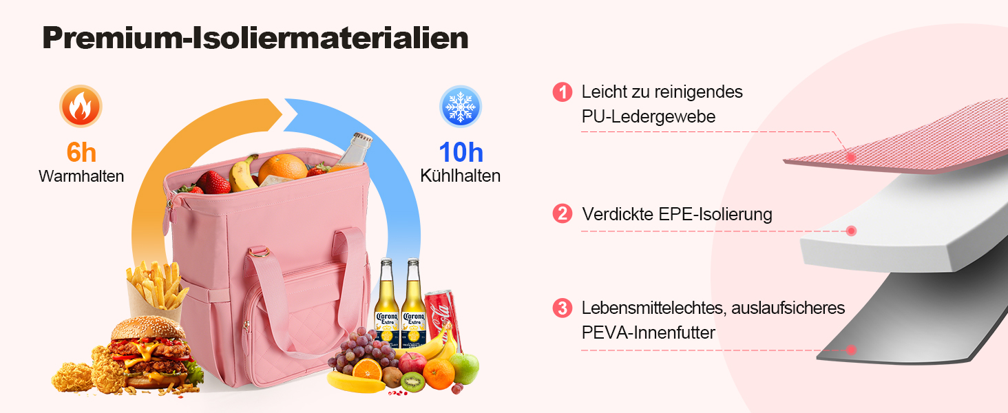 Сумка-холодильник 20 л, рожева: ізольована сумка-ланчбокс з PEVA-підкладкою, кілька відділень та плечовим ременем для роботи, школи, авто, пікніка