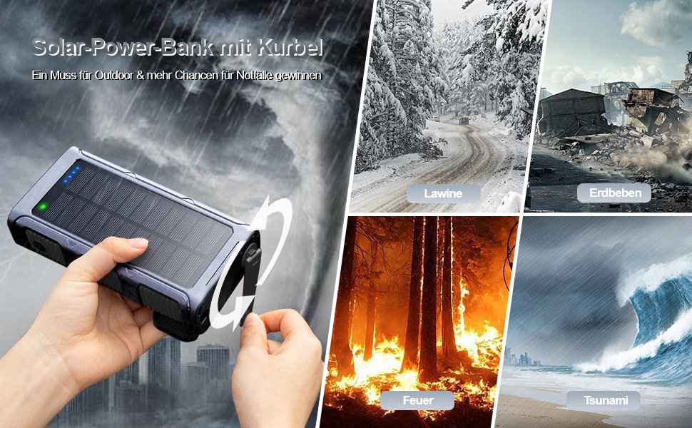 Сонячний Powerbank 26800 mAh з ручним генератором та 4 кабелями, водонепроникний зовнішній акумулятор для телефону, кемпінгу, подорожей (сріблястий)