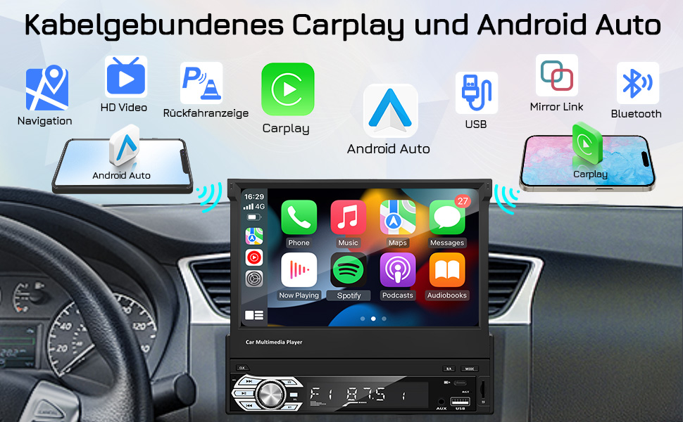 EZoneTronics 7-дюймове 1DIN автомагнітола з CarPlay/Android Auto, сенсорний екран, Bluetooth, підтримка SWC, Mirror Link, еквалайзер, FM/RDS, USB Type-C, AUX, TF-карта, камера заднього виду CW0013