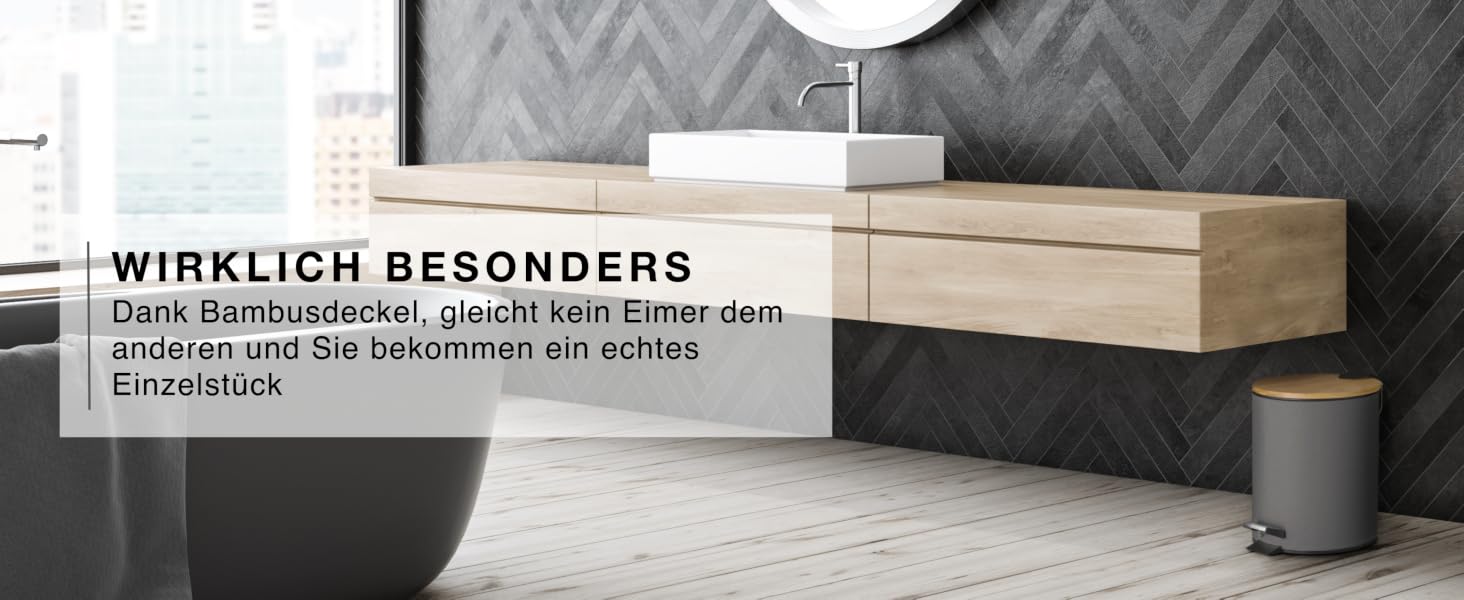 Смітник для косметики VMbathrooms на 3-5 л з педаллю, бамбуковою кришкою та системою Soft-Close, сірий матовий