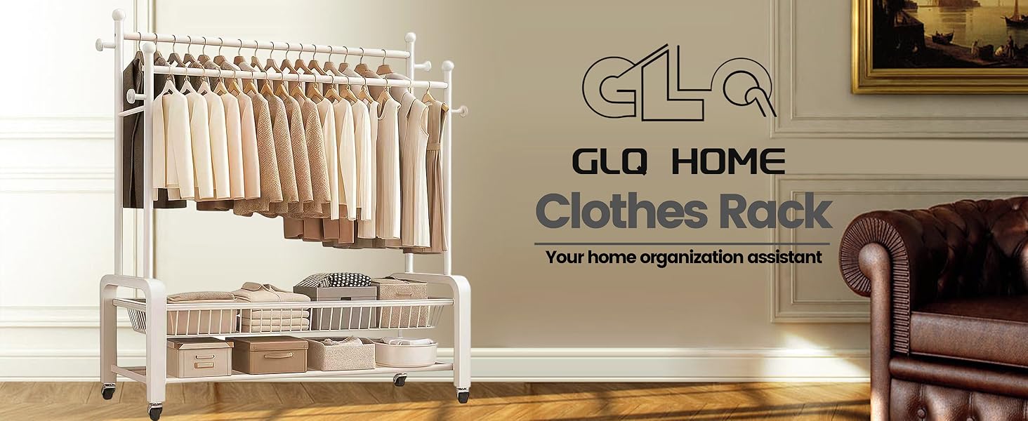 Стійка для одягу на колесах, двоярусна, з двома перекладинами (біла)