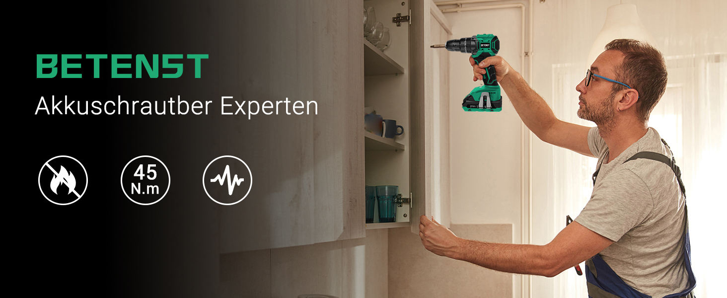 Акумуляторний шуруповерт BETENST 21V: 42Nm, 2.0Ah, 25+3 рівня крутного моменту, 2 швидкості, 10 мм патрон, LED, 30-ти елементний набір для дому, саду, DIY