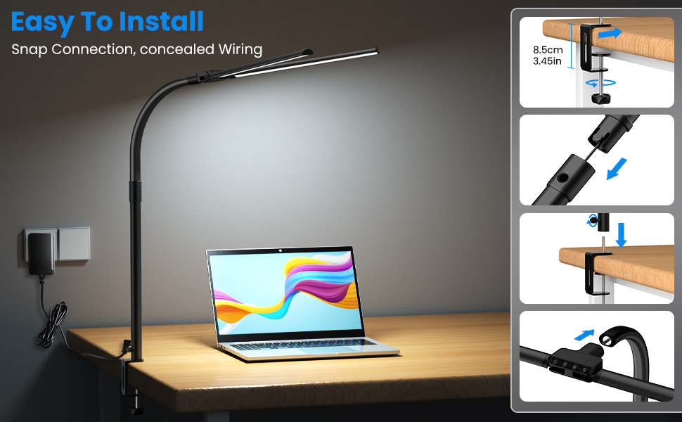LED настільна лампа Doppelkopf з регулюванням яскравості, 24W, 80см, з кріпленням, захист для очей, денне світло, пульт дистанційного керування, 10 кольорів, 10 рівнів яскравості, USB, для дому та офісу
