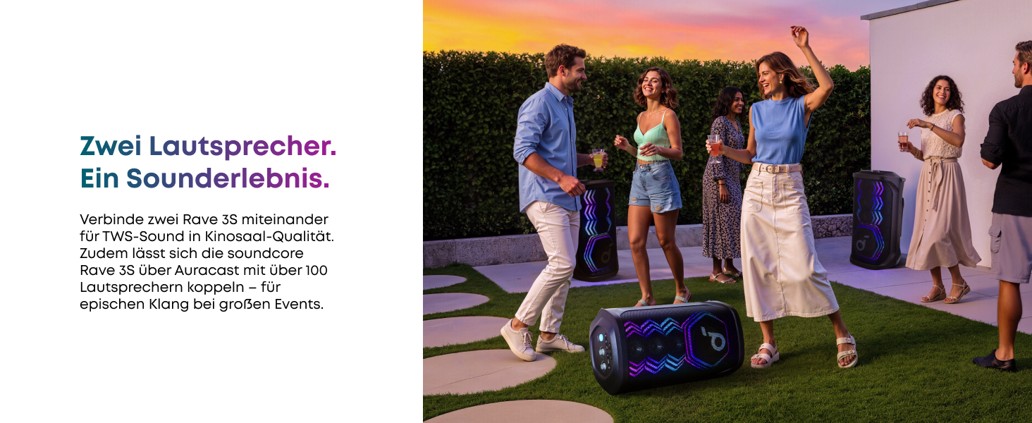 Soundcore PartyBox Rave 3S – портативна колонка з мікрофонами, 200 Вт, Bluetooth, світлодіодна підсвітка, AuraCast, 12 годин роботи, для дому та вулиці