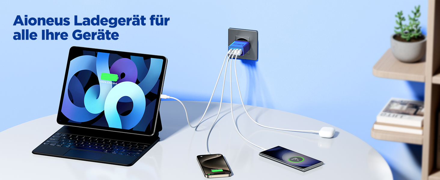 Багатопортовий зарядний пристрій Aioneus USB-C з 4 портами (USB-C та USB-A), 40W, PD 3.0, для iPhone, Samsung, білий (1 шт., колір: морська хвиля)