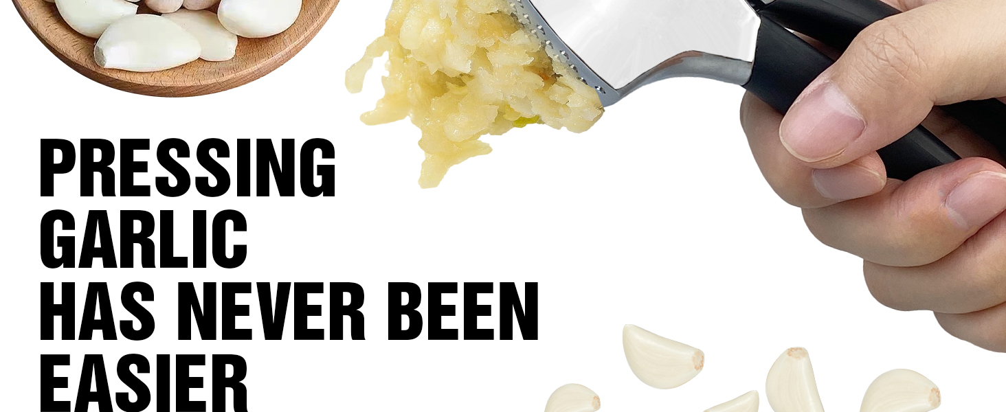 Прес для часнику з нержавіючої сталі - багатофункціональний прес для часнику з силіконовим очищувачем та щіткою для чищення. Прес для часнику, придатний для миття в посудомийній машині. Чорний + срібний