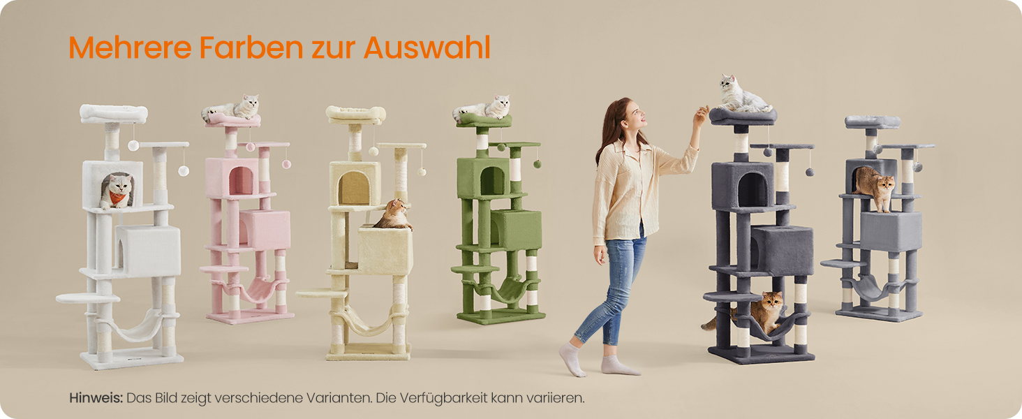 Драбина для котів Feandrea, 155 см, з 5 стовпчиками для шліфування, 2 платформами, 2 будиночками, гамаком, 2 іграшками-кульками, плюш, багатоярусна, бежева, PCT192M01