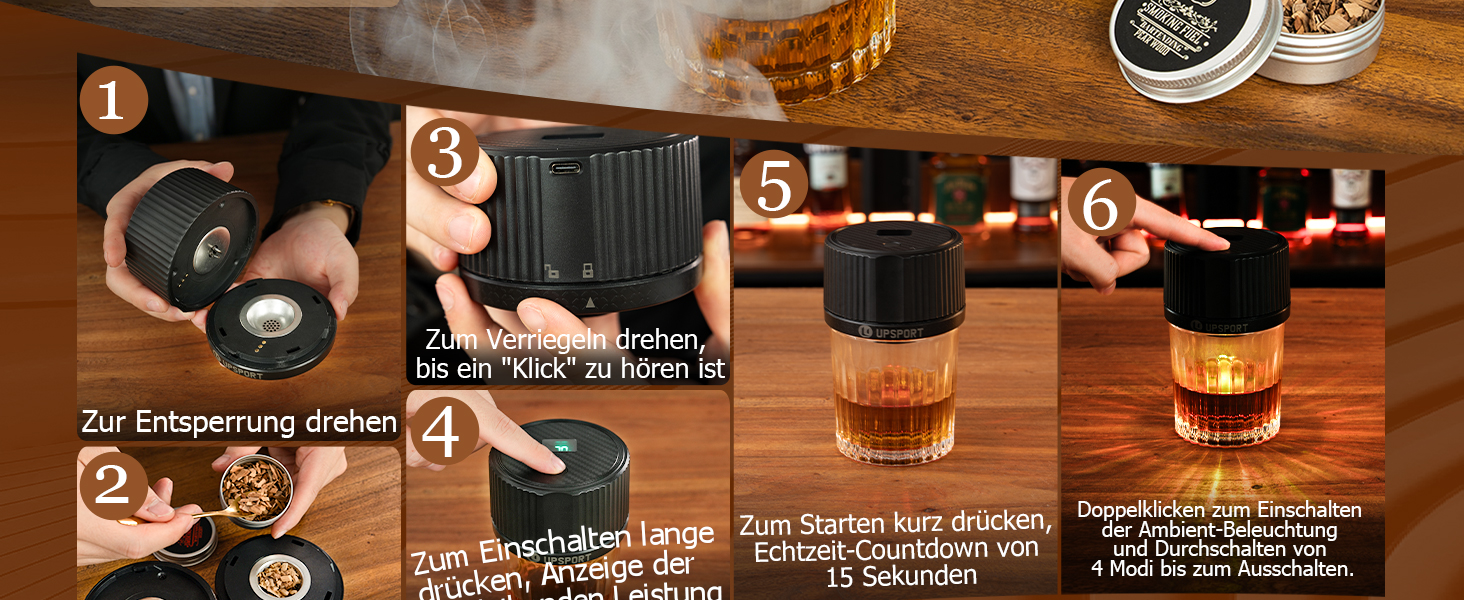 Електричний набір для копчення коктейлів з 4 режимами підсвічування, перезаряджуваний, для віскі, 6 дерев'яних стружок, без бутану, подарунок для чоловіків, батьків, коханих FY01