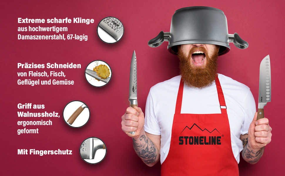 Ніж кухарський STONELINE Hammerschlag Damast з дамаської сталі 20 см, професійний, з ручкою з горіха та нержавіючої сталі