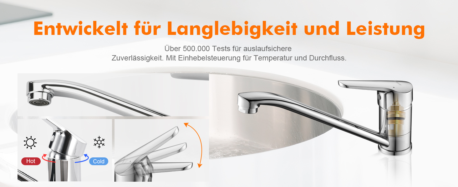 Змішувач для кухні Ibergrif M14450 з поворотним виливом 360°, керамічною картриджі та шлангами 40 см, хром/нержавіюча сталь