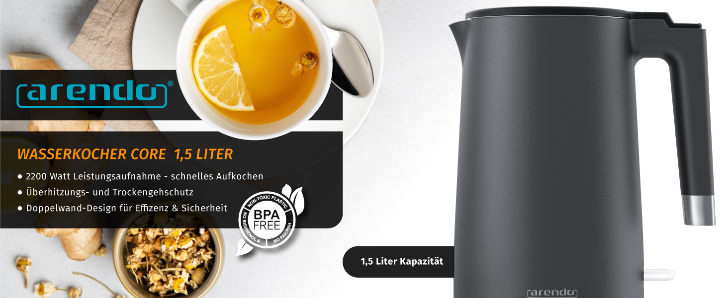 Електричний чайник Arendo з нержавіючої сталі 1.5 л, 2200 Вт, подвійні стінки, 360°, без BPA, захист від перегріву та сухого кипіння, чорний матовий сірий, 1.5 л