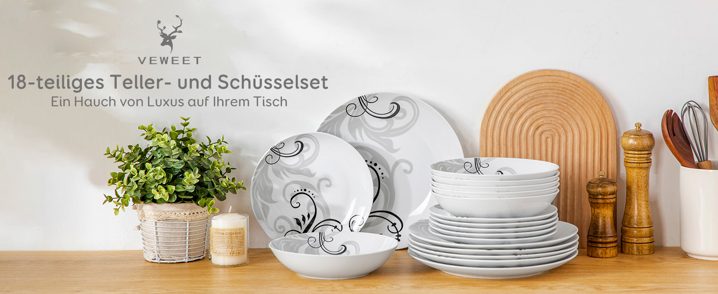 Набір посуду VEWEET 18 предметів на 6 осіб: тарілки, супові тарілки, десертні тарілки. Сучасний сервіз з порцеляни.