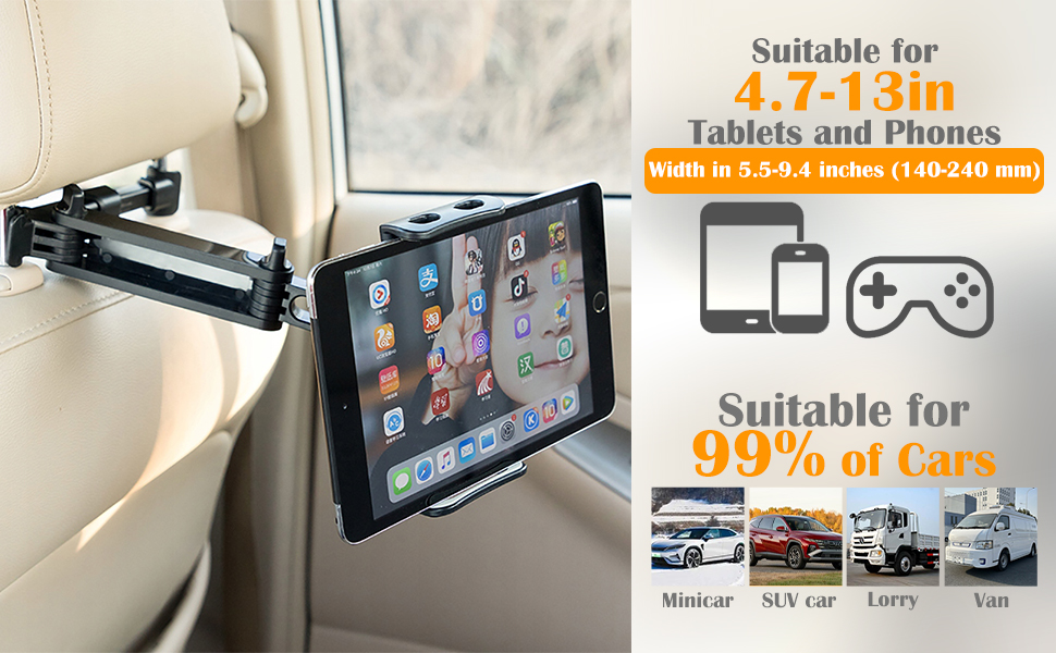 Тримач для планшета в авто: кріплення на підголівник, 360° обертання, сумісний з iPad, Switch, Kindle (4.7-13 дюймів), чорний
